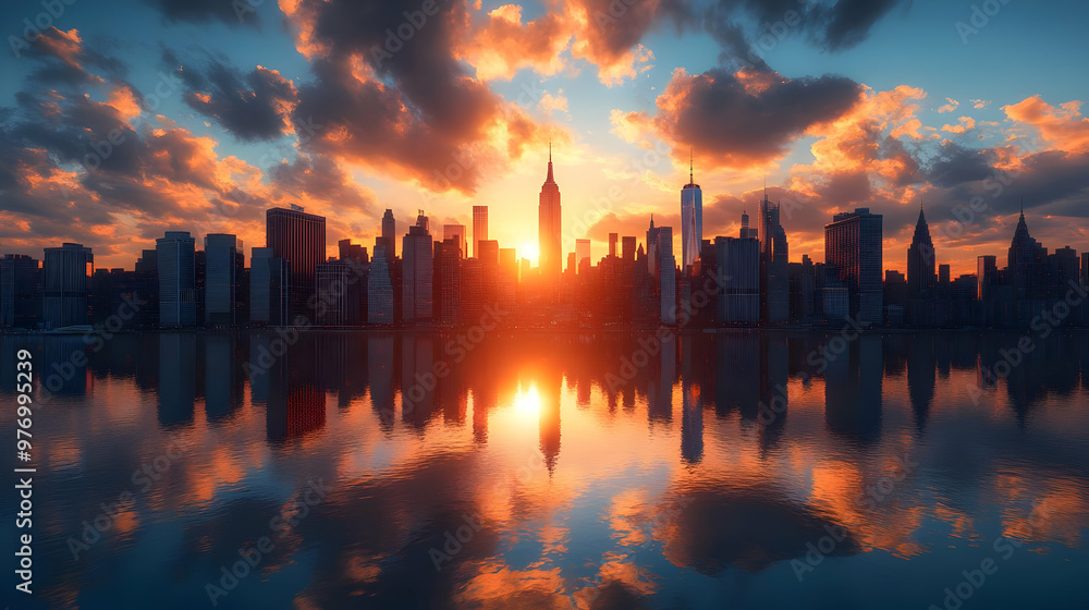 A vibrant sunrise casts an orange glow over the New York City skyline, with the city reflected in the calm waters of the Hudson River. A vibrant sunrise casts an orange glow over the New York City skyline, with the city reflected in the calm waters of the Hudson River.