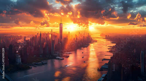 A vibrant sunrise casts an ...