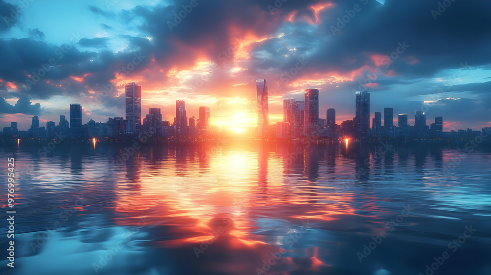 A vibrant sunrise illuminates a cityscape with skyscrapers reflected in a calm body of water. A vibrant sunrise illuminates a cityscape with skyscrapers reflected in a calm body of water.