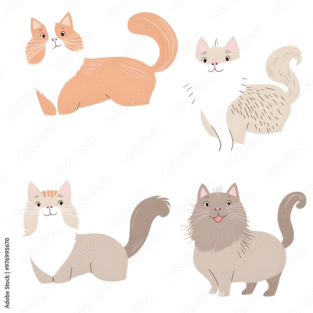 Fototapeta premium Playful Portraits of Happy Norwegian Forest Cats with Wagging Tails in Pastel Hues on White Background