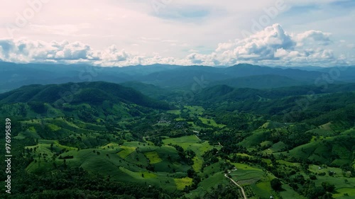 4K Cinematic nature aerial drone footage of the beautiful mountains and paddy fields of Ban Pa Pong Piang at Doi Ithanon next to Chiang Mai, Thailand on a sunny day photo