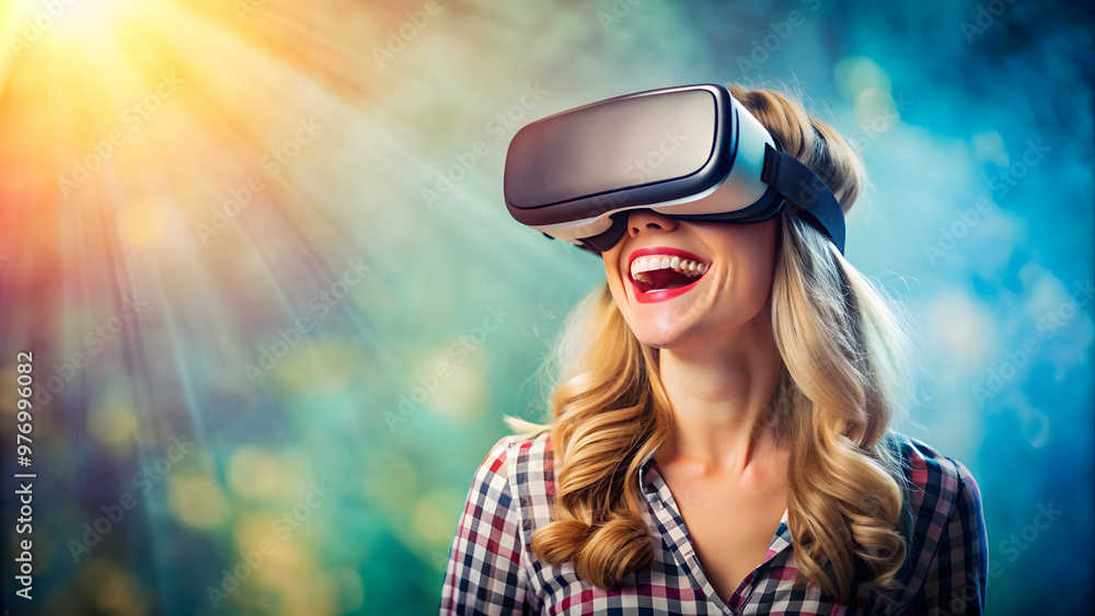 Woman enjoying virtual reality experience with VR headset, technology, virtual reality, innovation, simulation Woman enjoying virtual reality experience with VR headset, technology, virtual reality, innovation, simulation