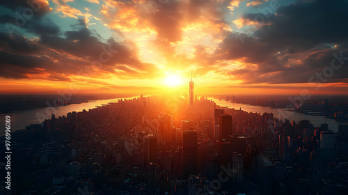 A vibrant sunrise over a ci...