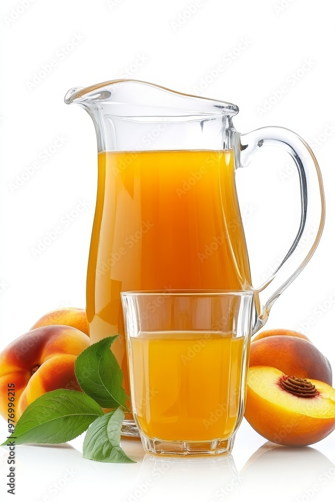 Refreshing Peach Juice with A Pitcher, A Glass, and Fresh Peaches, Isolated on White. Refreshing Peach Juice with A Pitcher, A Glass, and Fresh Peaches, Isolated on White.