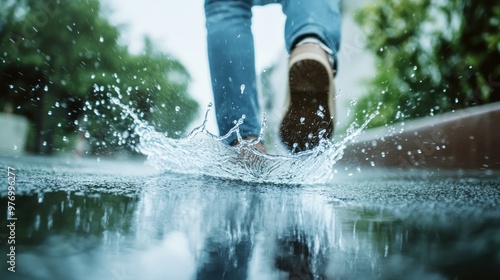 Foot Splashing in Puddle After Rain