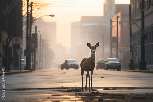 Urban deer walking down a deserted street at dawn, highlighting urban animals in unexpected settings photo