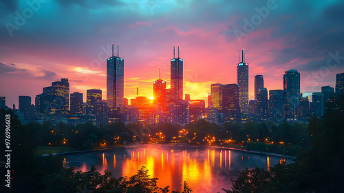 A vibrant sunrise over a mo...