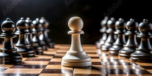 Single white pawn surrounded by black chess pieces, loneliness, competition, strategy, challenge, contrast, adversity photo