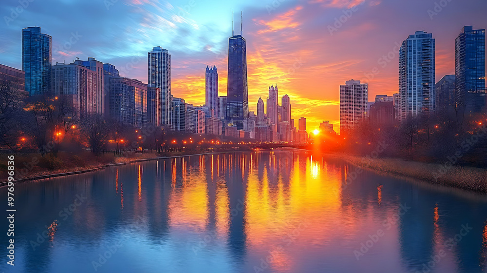 A vibrant sunrise over the Chicago skyline with reflections on the water. A vibrant sunrise over the Chicago skyline with reflections on the water.