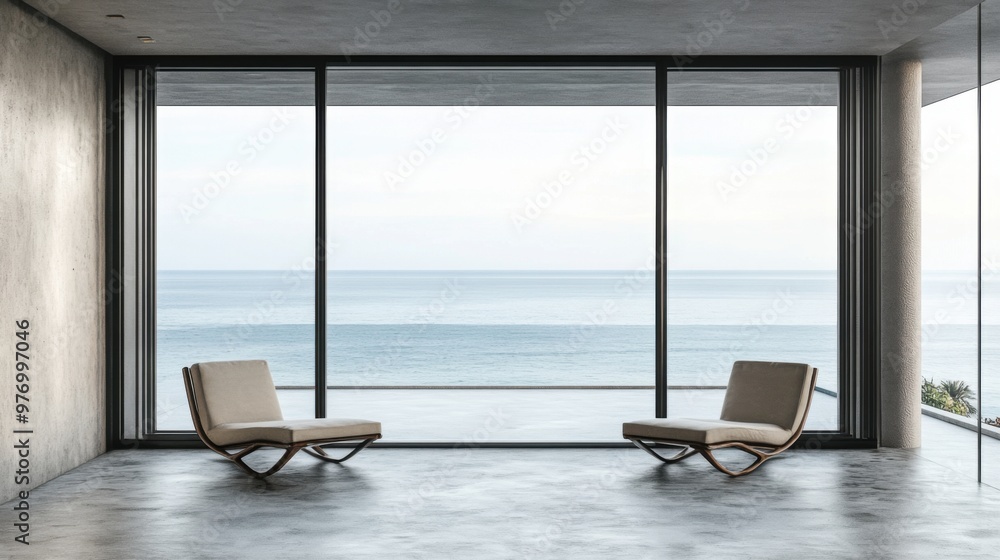 Fototapeta premium Terrace and windows with sea and beach view. Empty balcony room with panoramic glass and two chaise longues. Concrete space in beige and gray colors.