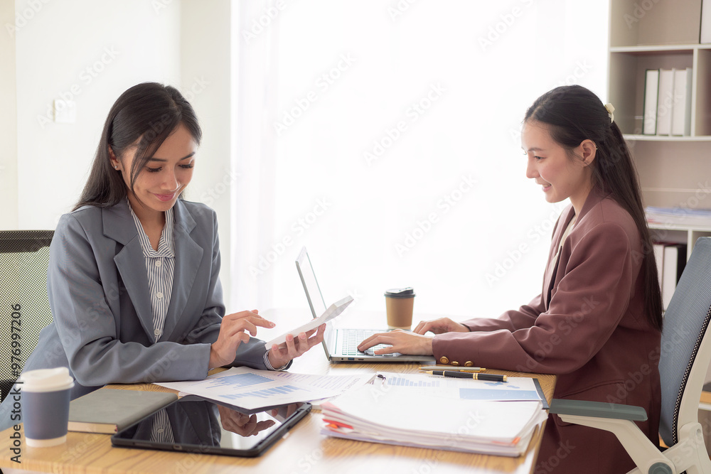 Two professional business women analyzing accounts planning financial report, business plan, investment, financial analysis in office. Two professional business women analyzing accounts planning financial report, business plan, investment, financial analysis in office.