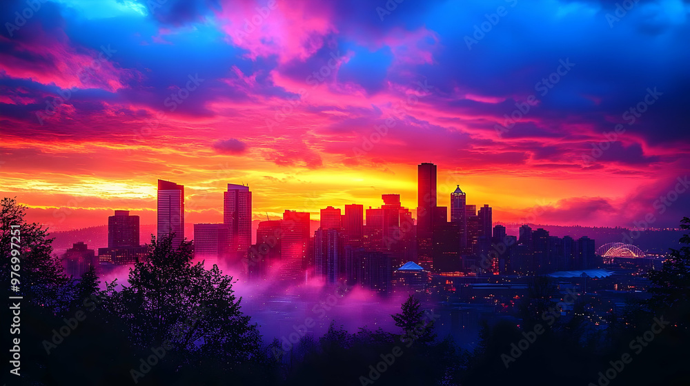 A vibrant sunset casts a colorful glow over a cityscape, with clouds reflecting the hues of the sky, creating a breathtaking and ethereal scene. A vibrant sunset casts a colorful glow over a cityscape, with clouds reflecting the hues of the sky, creating a breathtaking and ethereal scene.