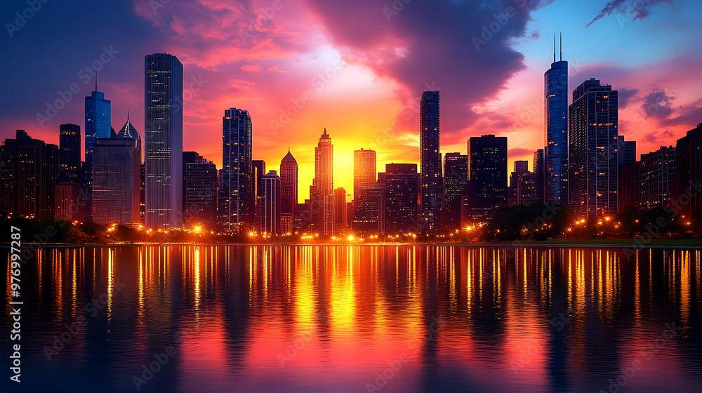 A vibrant sunset casts a colorful glow over the Chicago skyline, reflecting in the calm waters of Lake Michigan. A vibrant sunset casts a colorful glow over the Chicago skyline, reflecting in the calm waters of Lake Michigan.