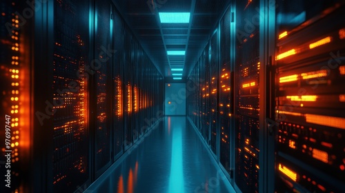 Server Room Interior with Glowing Lights