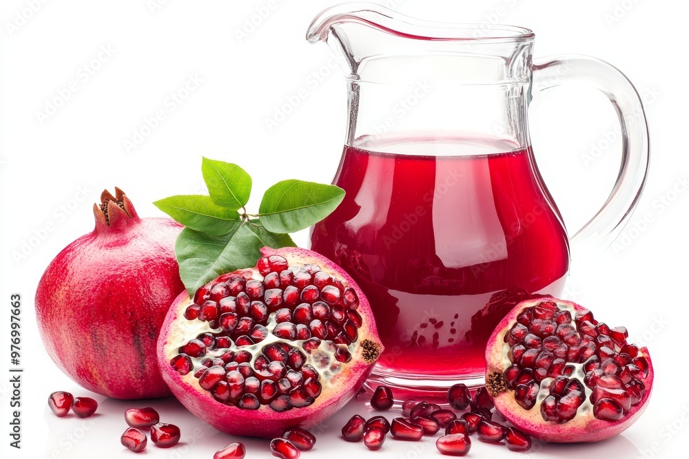 Pomegranate Juice, Whole And Halved Pomegranates With Seeds Isolated On White Background Pomegranate Juice, Whole And Halved Pomegranates With Seeds Isolated On White Background