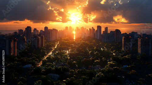 A vibrant sunset casts a golden glow over a cityscape with tall buildings and lush green trees.