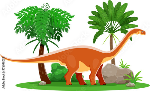 Cartoon dinosaur, prehistoric character of Cetiosaurus in jungle forest, vector Jurassic lizard. Prehistoric funny dinosaur character or Cetiosaurus dino with for prehistory kid toy lizard or reptile
