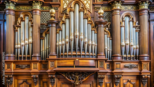 Vintage pipe organ with intricate wooden carvings and brass pipes, antique, music, instrument, keyboard, church, classical