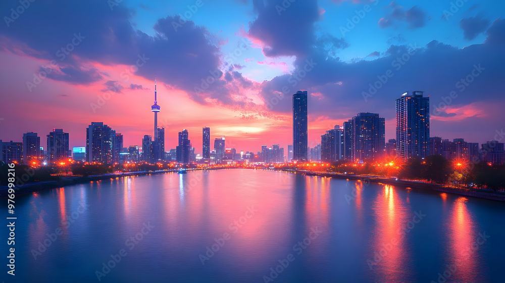 Fototapeta premium A vibrant sunset casts a warm glow over a city skyline, reflected in the calm waters of a river. The city's lights begin to twinkle, creating a stunning contrast against the fading light.