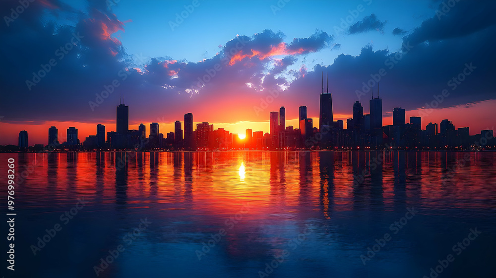 A vibrant sunset casts a warm glow over a city skyline, reflected in the still waters of a lake. The cityscape is silhouetted against the colorful sky, creating a dramatic and picturesque scene. A vibrant sunset casts a warm glow over a city skyline, reflected in the still waters of a lake. The cityscape is silhouetted against the colorful sky, creating a dramatic and picturesque scene.