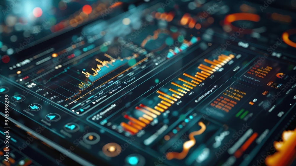 Close-up of futuristic data analysis dashboard with glowing graphs and charts, representing technology and financial trends. Close-up of futuristic data analysis dashboard with glowing graphs and charts, representing technology and financial trends.