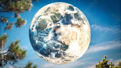 Detailed View of the Full Moon, Night Sky Phenomenon, Celestial Body in Focus, Atmospheric Landscape.