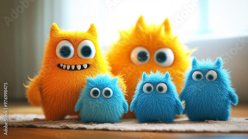 Monster family, cute and cuddly, playing together, 3D illustration