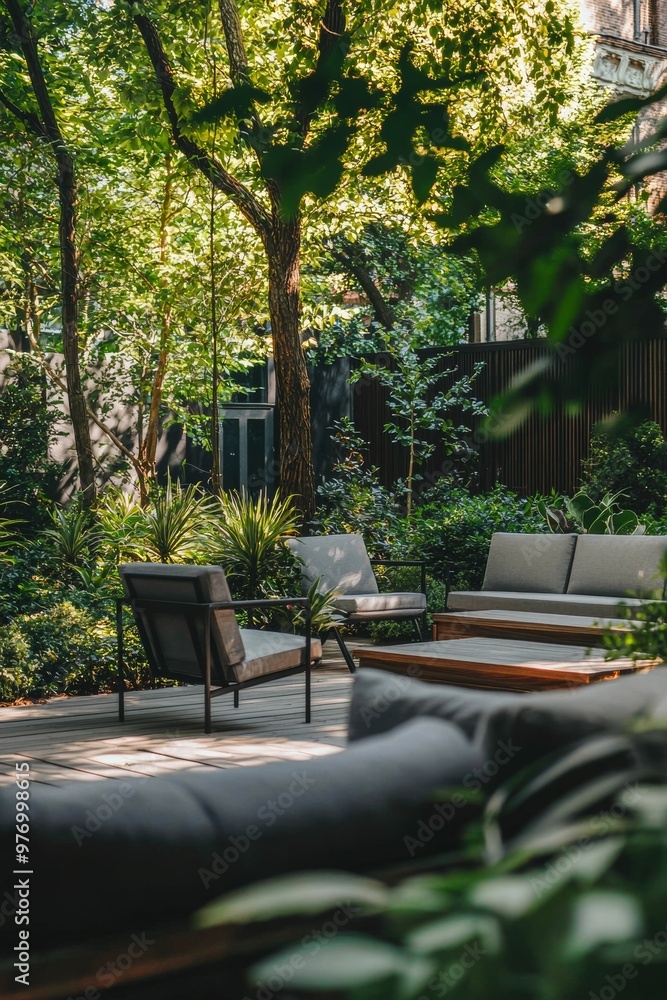 Double terrace with rustic wooden roof in house garden with flowers and green trees.