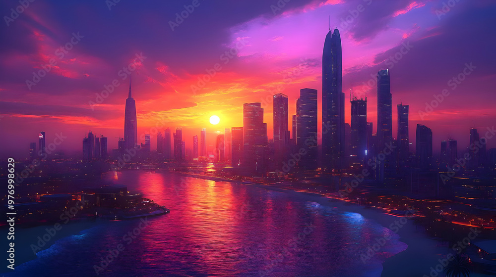 Fototapeta premium A vibrant sunset casts a warm glow over a modern city skyline with tall buildings reflected in the water.