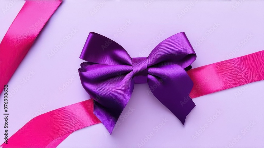 Top view of purple ribbon rolled and pink bow isolated on colored background. Flat lay with copy space Top view of purple ribbon rolled and pink bow isolated on colored background. Flat lay with copy space