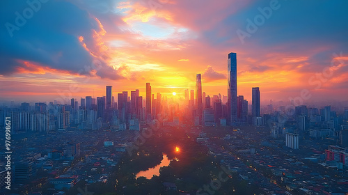 A vibrant sunset casts a wa...