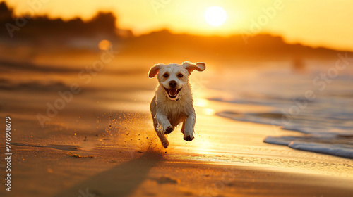 A dog running joyfully on a beach at sunset.A dog running joyfully on a beach at sunset. photo