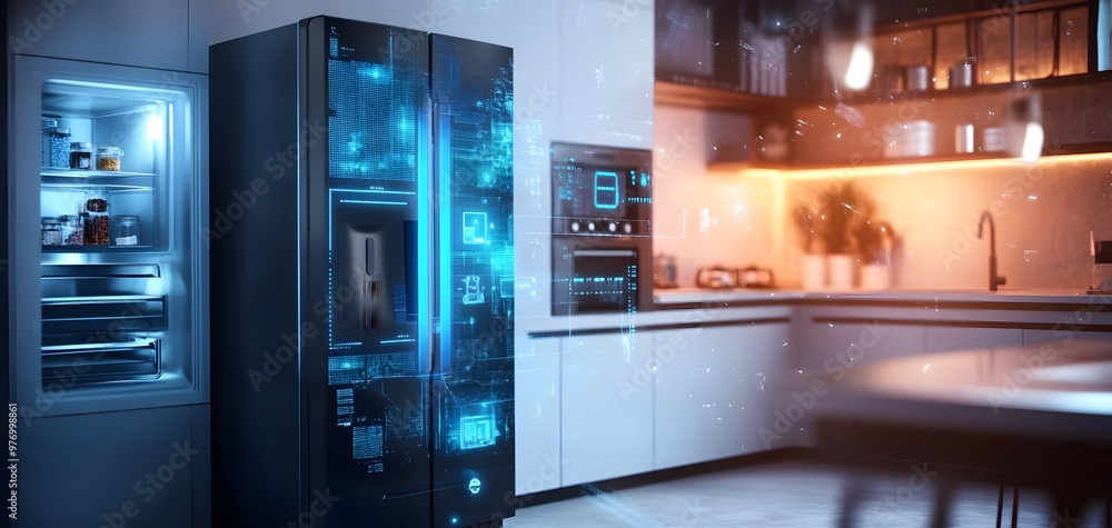 Sleek modern kitchen with a high-tech refrigerator and warm ambient lighting, showcasing contemporary design and functionality. Sleek modern kitchen with a high-tech refrigerator and warm ambient lighting, showcasing contemporary design and functionality.