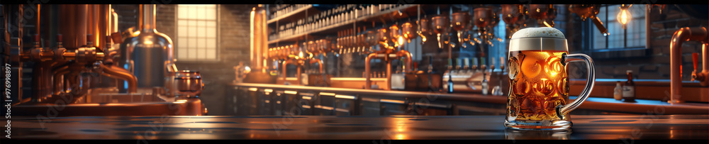 frothy glass of beer sits on wooden counter in a warm, cozy brewery bar, surrounded by copper brewing equipment and soft lighting. Generative ai raster illustration. Pop art comic book style imitation