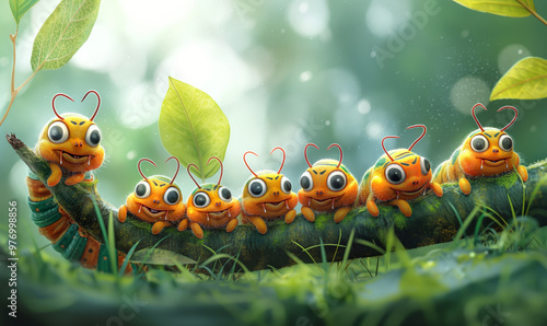 Colorful cartoon caterpillars sit on green leaves under soft sunlight in a bright forest setting.