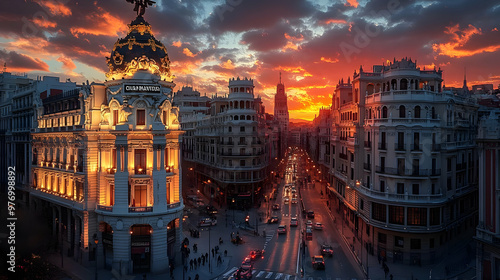 A vibrant sunset casts a warm glow over the cityscape of Madrid, Spain, with the iconic Metropolis building standing tall in the foreground.