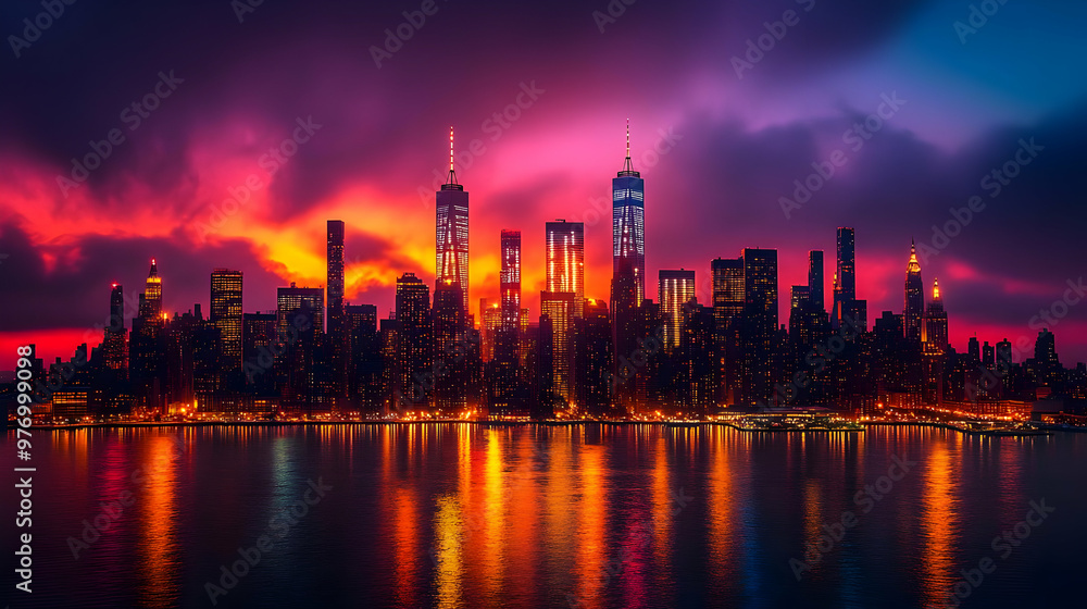 Fototapeta premium A vibrant sunset casts a warm glow over the New York City skyline. The city's towering skyscrapers are silhouetted against the colorful sky, creating a dramatic scene.