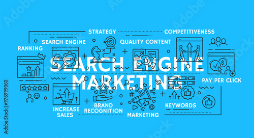 SEM search engine marketing line vector icons. Ranking, increase sales, brand recognition and keywords. Quality content, strategy, competitiveness and pay per click linear signs or symbols set