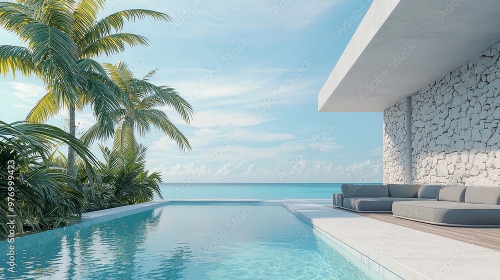 Fototapeta premium Stylish modern beach house, with private pool, panoramic view of the skies and sea, 3D rendering