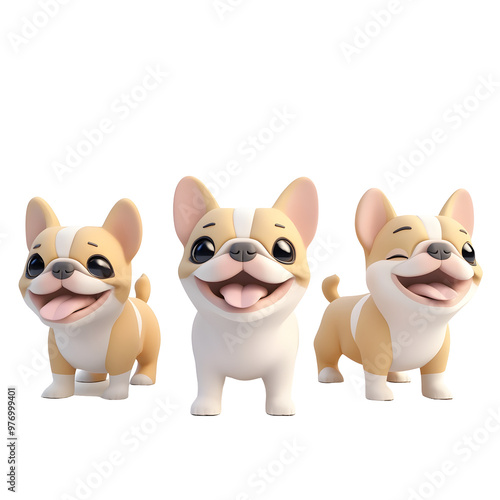 Playful Pastel Bulldogs with Wagging Tails in a Minimalist 3D Render