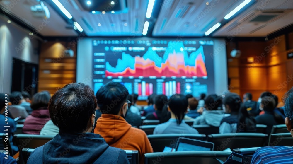 Business conference with attendees reviewing data charts on a large screen in a modern lecture hall setting. Business conference with attendees reviewing data charts on a large screen in a modern lecture hall setting.