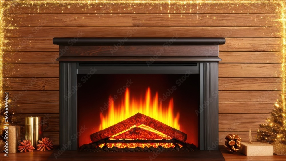 Wooden background with glitter effects and fireplace Wooden background with glitter effects and fireplace