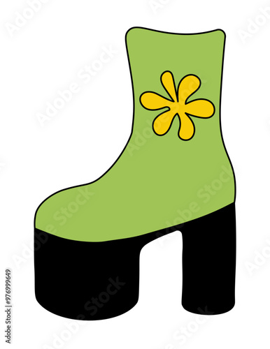 Trendy 1980 retro disco green boot with flower. Vintage shoe. Vector flat illustration.