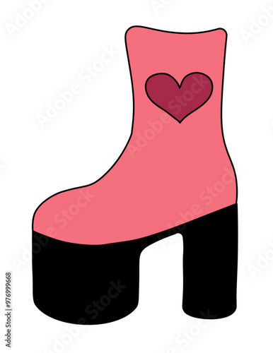 Trendy 1980 retro disco pink boot with heart. Vintage shoe. Vector flat illustration.