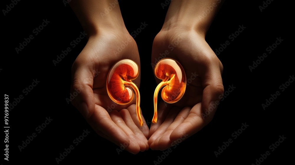 A person holding two kidneys in their hands with a glowing orange glow, AI A person holding two kidneys in their hands with a glowing orange glow, AI