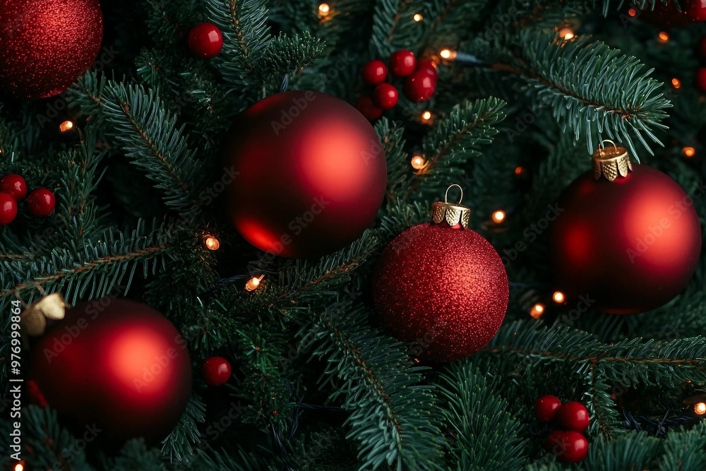 Above view on pine tree branches with Christmas fairy lights and red baubles Above view on pine tree branches with Christmas fairy lights and red baubles