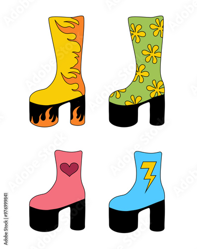 Set of trendy 1980 retro disco boots. Collection vintage shoes different design. Vector flat illustration.
