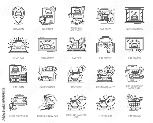 Dealership line icons of car auto dealer, automotive vehicle sale and rental service, outline vector. Automobile dealership pictograms of car showroom, auto diagnostics and vehicle purchase or rent