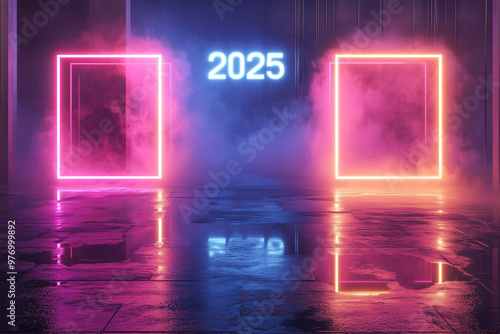 3D rendered tunnel with abstract construction structure and lights, A futuristic scene with glowing neon square frames with the text "2025" reflections on the floor. Happy new year concept 