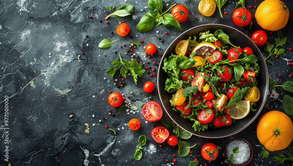 Vibrant Vegan Salad Bowl with Fresh Vegetables and Grains on Dark Rustic Background Vibrant Vegan Salad Bowl with Fresh Vegetables and Grains on Dark Rustic Background